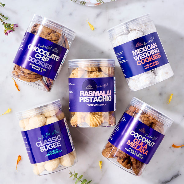Halal Deepavali Cookie Bundle: jars of Chocolate Chip, Mexican Wedding, Rasmalai Pistachio, Sugee and Gula Melaka