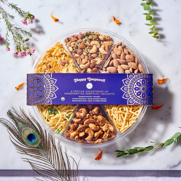 Halal Deepavali Nuts & Snacks Tray of almonds, honey roasted cashews, masala mixed nuts, murukku and namkeens