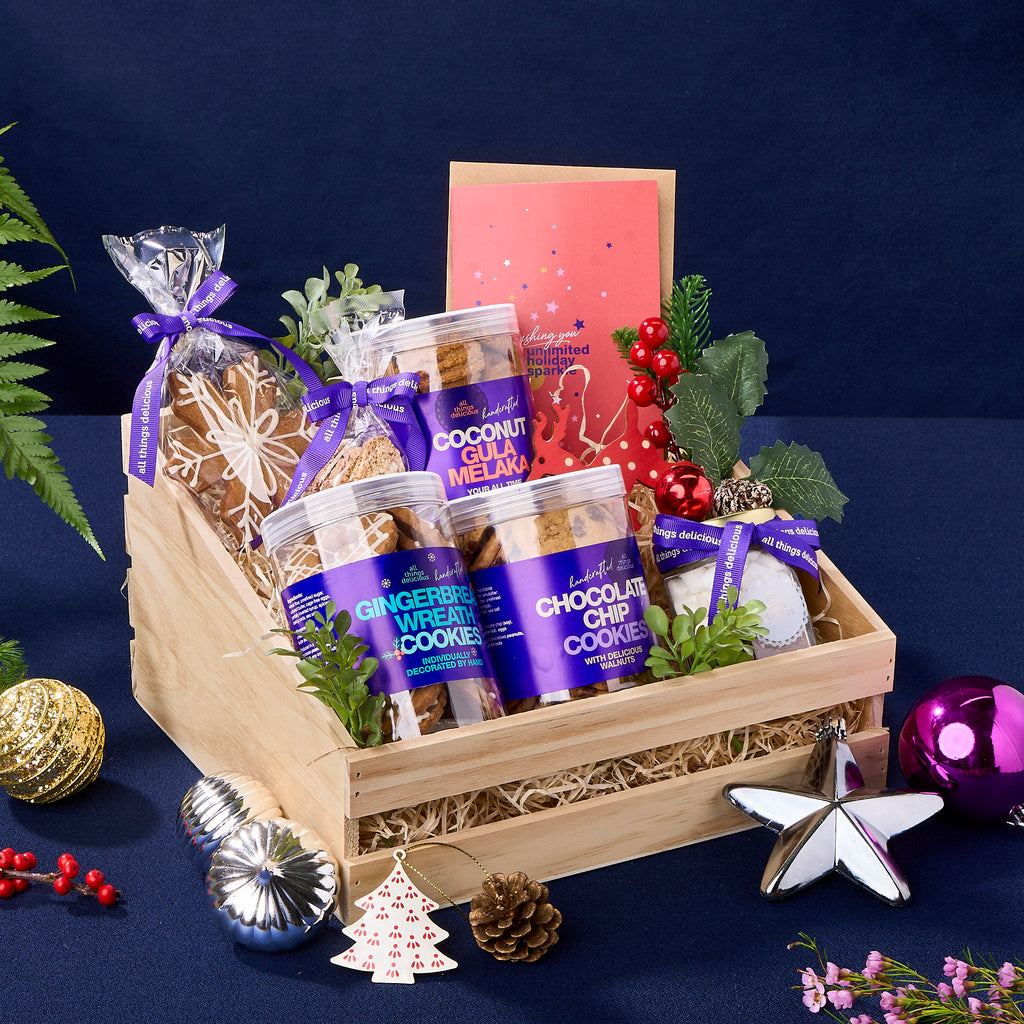 Christmas Hamper of assorted cookies, hot chocolate mush mellow mix, biscotti & gingerbread snowflake.
