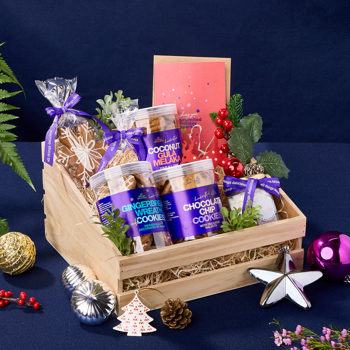 Christmas Hamper of assorted cookies, hot chocolate mush mellow mix, biscotti & gingerbread snowflake.