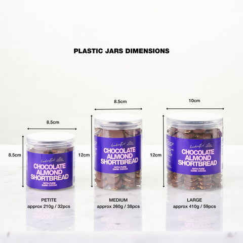 Side by side comparison of our plastic cookie jars filled with Chocolate Almond Shortbread