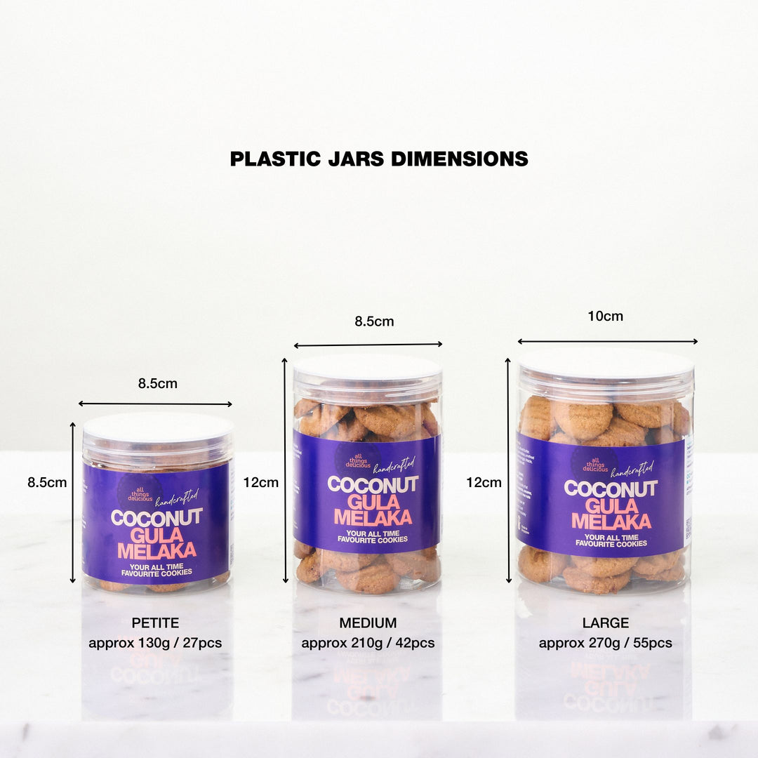 Side by side comparison of our plastic cookie jars filled with Coconut Gula Melaka cookies