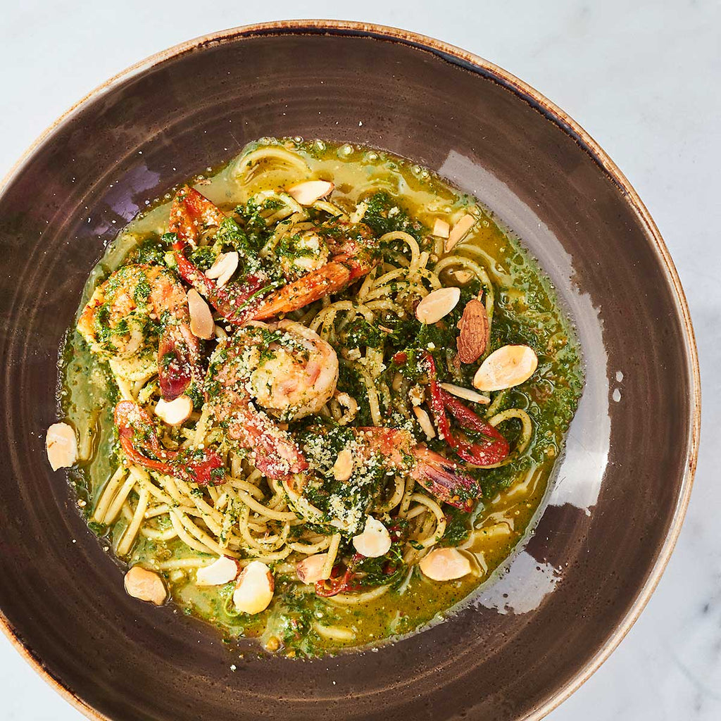 Coriander Pesto Seafood with Caramelised Chillis Pasta Tray