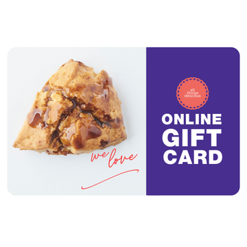 All Things Delicious online gift card for halal bakes, featuring a glazed scone and 'we love' script