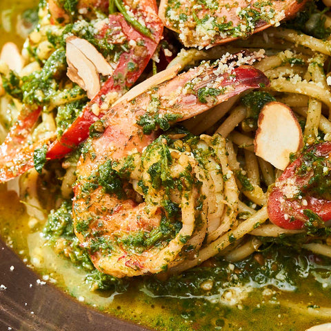 Seafood Pasta Bowl with Coriander-Almond Pesto & Parmesan