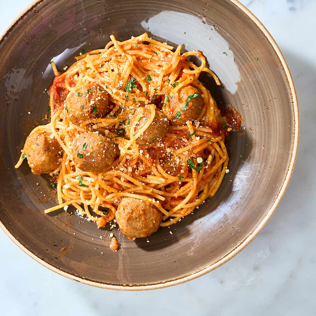Pasta Bowl Pomodoro, with Spiced Lamb Meatballs
