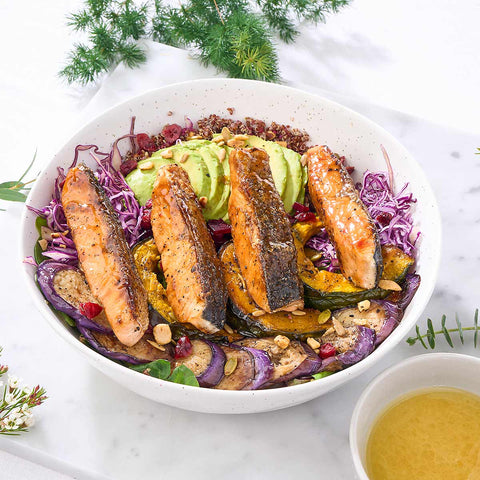 4 pieces of Glazed Salmon, a recommended add on to the salad