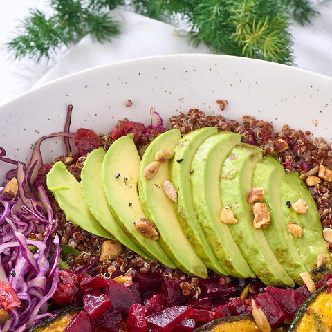 Avocadoes, beetroot, shredded purple cabbage, spiced nuts, quinoa and more